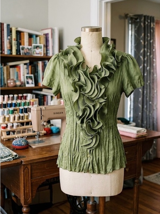 Jaipur Tops - Jaipur Olive Green Ruffle-Front Blouse